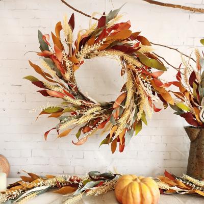 China Autumn Decoration Thanksgiving Decoration Plastic Foam Fall Leaves Wreath with Artificial Wheat for sale