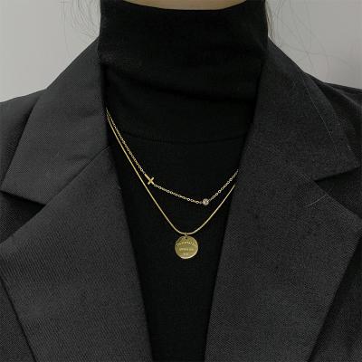 China TRENDY European Simple Double-layer Necklace Fashion Temperament Tiny Titanium Steel Sweater Cross Necklace for sale