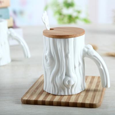 China New Coffee Tea Set Viable Stump Model Tree Ceramic Cup Desktop Coffee Mug With Lid And Spoon for sale