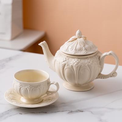 China Sustainable European Relief Painted Porcelain Teapot Ceramic Coffee Cup And Saucer Set With Cup Teacup Sets With Tray for sale