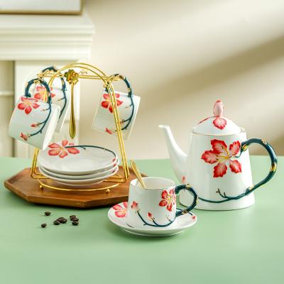 China Sustainable 3D Enamel Painted Porcelain Teapot Ceramic Coffee Cup And Saucer Set With Cup Tea Cup Sets for sale