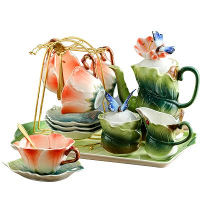 China Sustainable 3D Enamel Painted Porcelain Teapot Ceramic Coffee Cup And Saucer Set With Cup Teacup Sets With Tray for sale