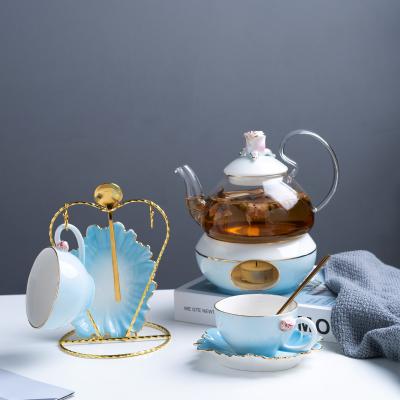 China Viable Tea Sets Teapot And Cup Set Gold Rim Porcelain With Green Blue Customized Logo Office Gifts Ceramic Teapot Rose Box Luxury Hand for sale