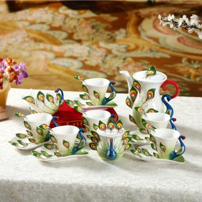 China China 15pcs Peacock Coffee Mug Cup Boom Ceramic Viable Color Enamel Porcelain Saucer Spoon Coffee Tea Sets for sale