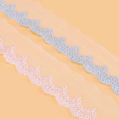 China Anti-Static Computer Embroidery Lace Strip Decoration Lace Mesh Trim With Gold Thread for sale