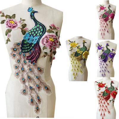 China Flatback Good Quality Peacock Embroidery Handmade Crystal Rhinestone Beaded Flower For Evening Dress Big Beaded Piece for sale