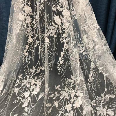 China New Wear Sequin Sustainable DELACE Embroidery Lace Net Wholesale Wedding Embroidered Fabric for sale