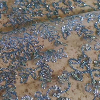 China DELACE glitter lace muti- light blue bridal fabric handmade colorful sequins embroidery mesh bridal lace fabric for wedding dress for sale