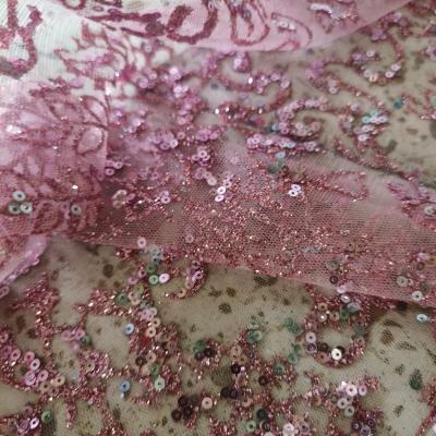 China Handmade Pink Embroidery Mesh Sparkle DELACE Bridal Lace Fabric For Wedding Dress for sale