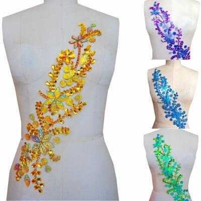 China Crystal Clear Shiny Rhinestone Sequin Flatback DELACE Applique Multicolor Opaque Big Beaded Lace Pieces For Evening Dress Wedding Dress for sale