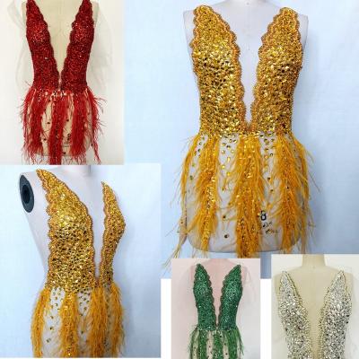 China Crystal Clear Shiny Rhinestone Exquisite Beaded Flatback DELACE Feather Pieces Large Opaque For Evening Dress Wedding Dress for sale