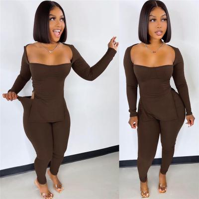 China Anti-pilling M3327 - solid color casual stocking cut out long sleeve slit top and pants knit women two piece set for sale