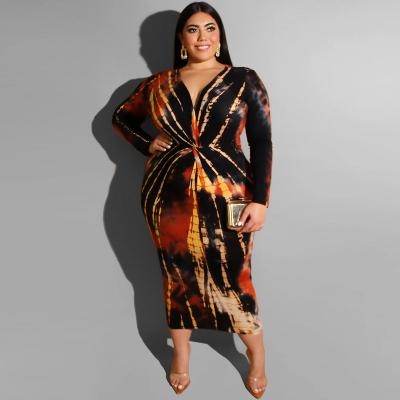 China M3769 Sustainable - Long Sleeve Womens Fashion Printed Dye V Neck Tie Dresses Plus Size for sale