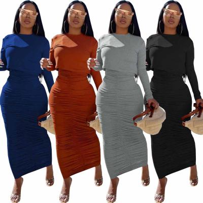 China Anti-pilling M2782 - Fashion O Neck Top Casual Solid Pile Long Sleeve Women's Dresses and Long Sleeve 2 Piece Set for sale