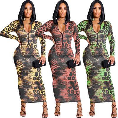 China M2786 Anti-Static - Fashion Leopard Print Zipper V Neck Long Sleeve Women Casual Long Dresses for sale