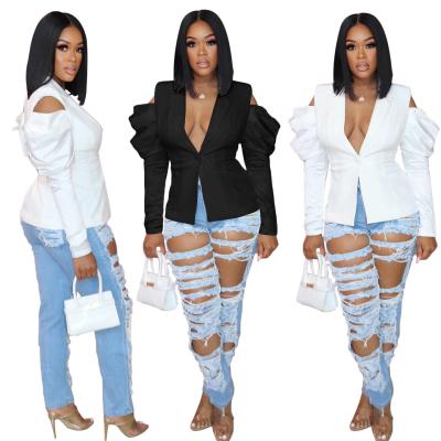 China Anti-Wrinkle M2695 - Solid Fashion Off Shoulder Long Sleeve Puff Women Suit Jacket for sale