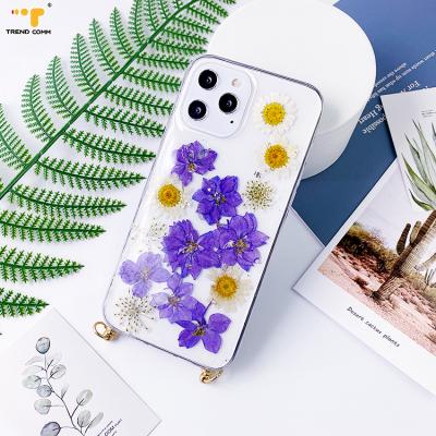 China Anti-fall Real Flower TPU Cover Mobile Acrylic Cross Body Necklace Cell Phone Cases For iPhone 13 Transparent Case for sale