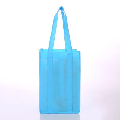 China Hot Handled Selling Cheap Non Woven Blue Single Wine Bottle Collapsible Tote Bags for sale