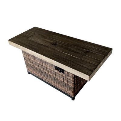 China Exterior Rectangular Wood Grain Surface + Stocked Aluminum Rattan Gas Fire Pit for sale