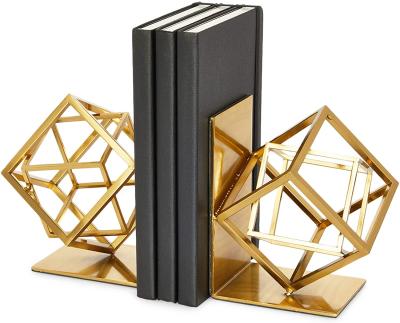 China Simple Cube Heavy Duty Metal Gold Bookend Holders Geometric Non-slip Desk Organizer Shelf Home Decor for Office Study for sale