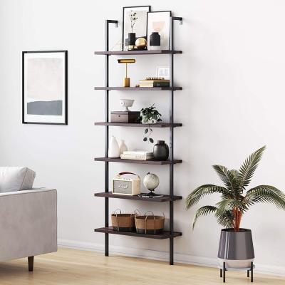 China Wholesale 6-Shelf Simple Tall Bookcase Wall Mount Shelf Display with Wood Finish and Metal Industrial View for Living Room Study for sale