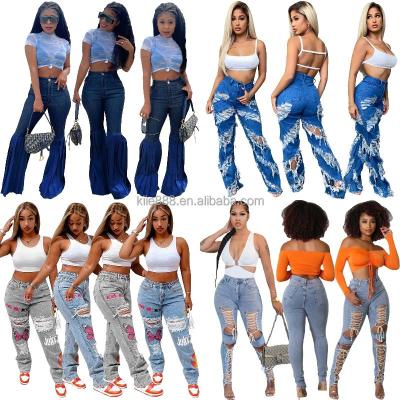 China High quality breathable Europe and the United States teardrop women ripped hole trend plus size denim pants wholesale for sale