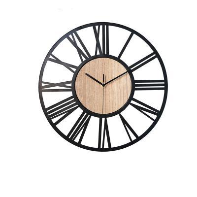 China Hot Selling Retro Antique Style Metal Double Wall Clock Wooden Black Round Watch Wall With Roman Figures for sale