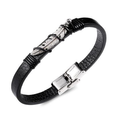 China Fashion Wholesale Men's Bracelet Simple Leather Bracelet Stainless Steel Feather Punk Leather Accessories for sale