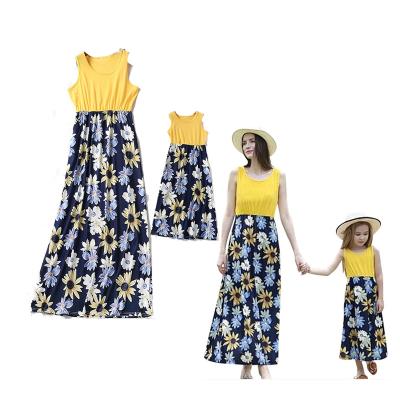 China Breathable Most Popular Family Matching Flower Printing Maxi Long Dress Mom And Girl's Dress DGFD-002 for sale