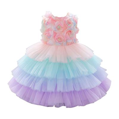 China New 2021 Amazon Rainbow Instrument Kids Breathable Mesh Dress Cake Dress Girl Birthday Long DGFD-058 for sale