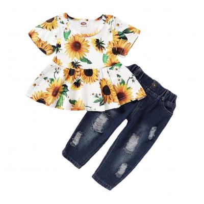 China ENGLAND STYLE 2022 fashion floral printing shirt denim pants 2pcs baby clothing sets summer DGRT-156 for sale