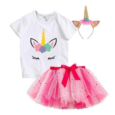 China Soft and fluffy tulle brings comfortble skin feeling Amazon Summer Unicorn Clothing Set Girls Two Piece Short Sleeve Outfit DGRT-028 for sale