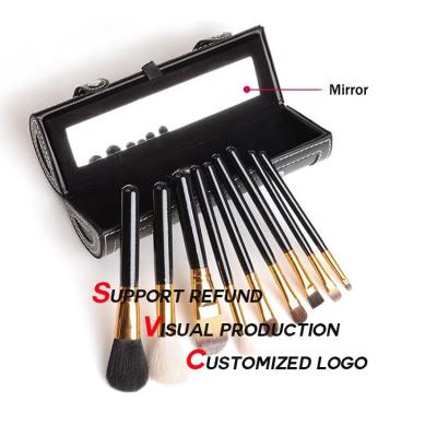 China Angular Blush Cosmetic Black Wooden Private Label Logo Hair Brush Holder Makeup 9pcs Luxury Professional Makeup Brush Kits For Women for sale