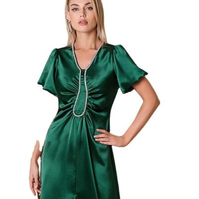 China Breathable bubble sexy fishtail sleeve v-neck acetic acid heavy hand do nailed dress women's diamond dress office lady badycon L726 for sale