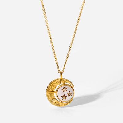 China Vintage Shell Inlaid Star Moon Sun Chain Jewelry Hypoallergenic Stainless Steel 18K Pvd White Gold Plated Pendant Necklace For Women for sale