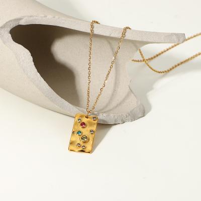 China Hypoallergenic Fashion Waterproof Jewelry 18k Gold Plated Lava Square Texture Hammer Zircon Stainless Steel Necklace Pendent Colorful Jewelry for sale