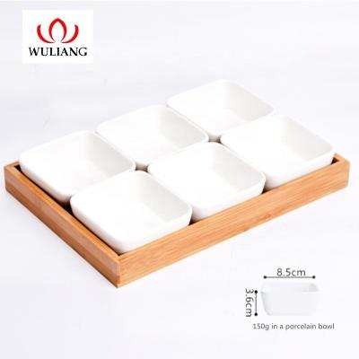 China Natural Environmentally Friendly Freshness Preservation Bamboo Compartmented Snack, Sauce, Candy Storage Box With Lid And Detachable Ceramic for sale