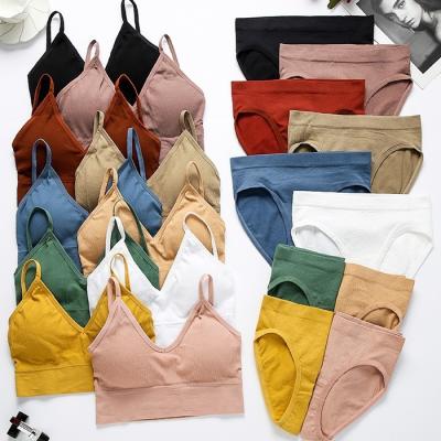 China Two-piece pump women's bra set push up wireless bra triangle cup sports bra slim sexy back thong set beautiful for sale