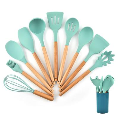 China Sustainable Beech Silicone Kitchenware Set 12 Piece Wooden Handle Kitchenware Cooking Leachate Tool Custom Logo for sale