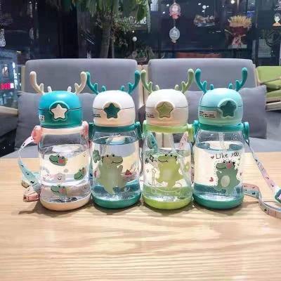 China Sustainable Cute Cartoon Dinosaur Pattern Flip Plastic Straw Water Bottle For School Kids for sale