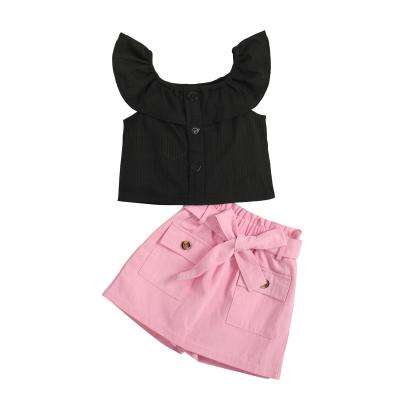 China New Style Casual Girls Two Piece Summer Sets Cotton Soft Black Top Pink Shorts Outfit For Kids for sale