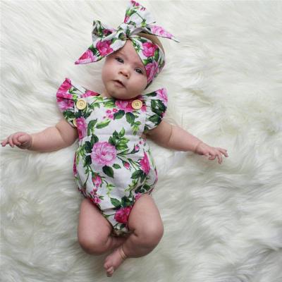 China Summer Short Backless Boutique Baby Clothes Baby Sleeve Floral Halter Romper With Headband for sale