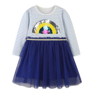 China New Breathable Sequin Blue And White Top Sleeve Stripe Girls Long Dress Baby Dress Design for sale