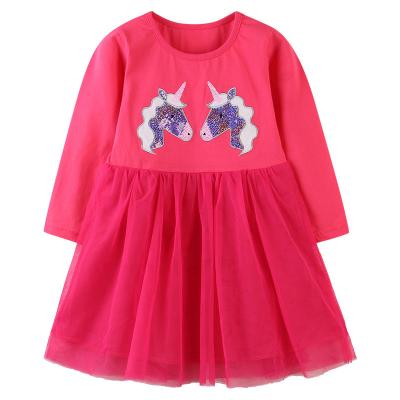 China Breathable Rose Red Cartoon Pattern Sequins Kids Dress Gauze Skirt For Girls Cute for sale