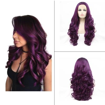 China Curly High Temperature Fiber Front Lace Wig Purple Matte Big Body Wave Synthetic Wig For Woman for sale