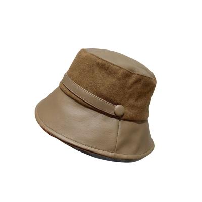 China Hot Women Fashion PU Panama Hat Autumn Winter Sunshade Foldable Leather Belt Fisherman Warm Wool Bucket Hats for sale