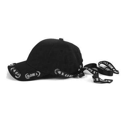 China Custom Wholesale JOINT Curved Brim 5 Panel Cotton Baseball Cap With Adjustable Gorras Dad Hat Long Letter Ribbon Punk Sports Cap for sale