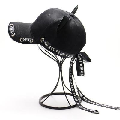 China Cute Embroidery Logo Punk Sports Hat Fashion Cat Ears 3d Alphabet Long Ribbon Cotton COMMON Korean Silk Baseball Cap for sale
