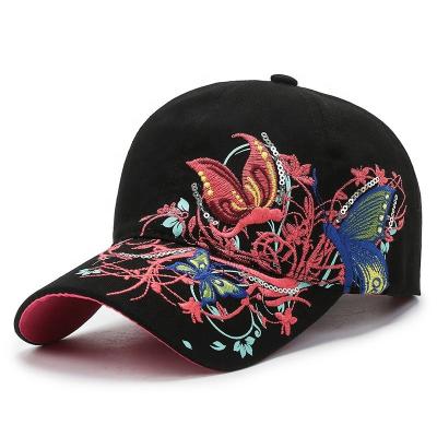 China JOINT Wholesale Women Fashion Flower Butterfly Sequin Embroidered Baseball Cap 6 Panel Cotton Adjustable Sports Hat For Adults for sale