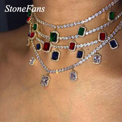 China Hiphop Bling Jewelry Women's 18K Gold Plated Silver Plated Crystal Charm Pendant Choker Chain Tennis Necklaces for sale